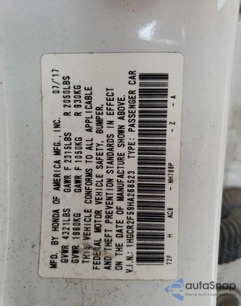 2017 Honda Accord Sport from USA, damaged, VIN 1HGCR2F59HA268523